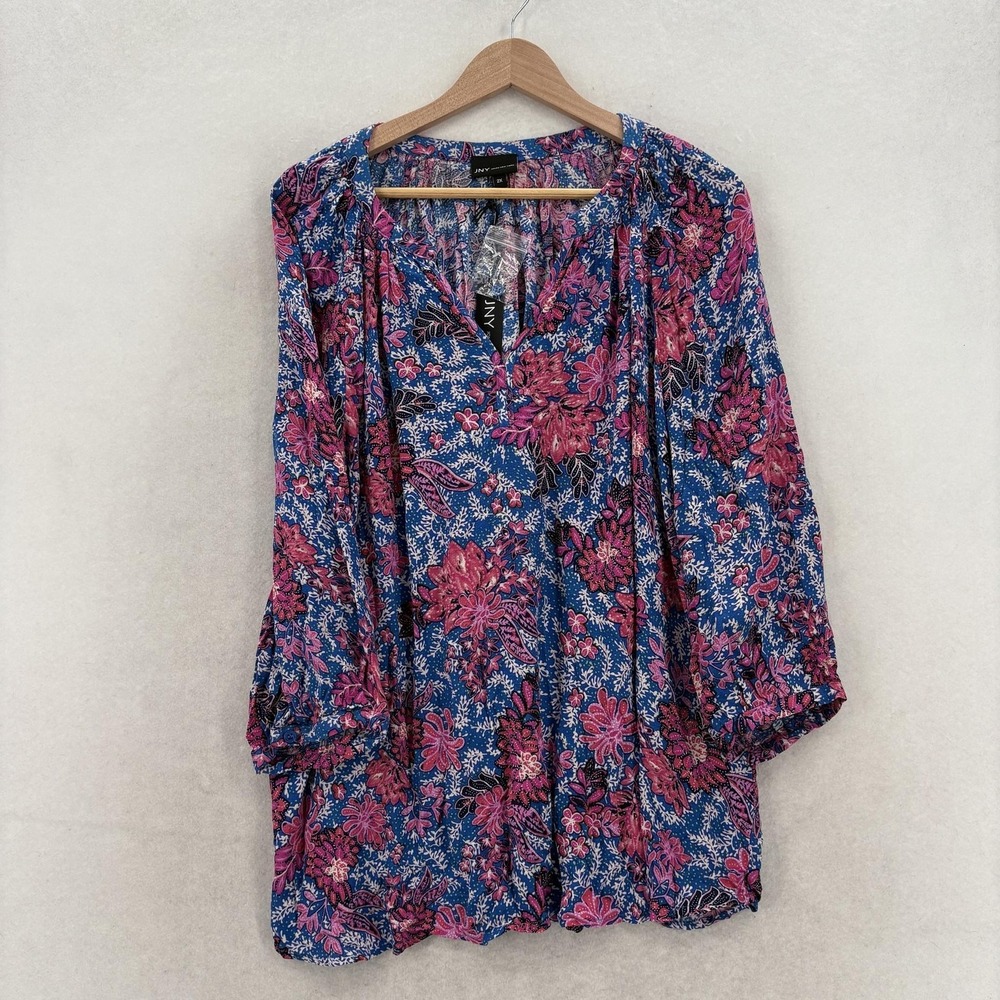Jones New York Blouse Womens 2X Plus Blue Floral V Neck 3/4 Sleeve Tunic NWT